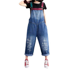 Denim jumpsuit with color suspenders