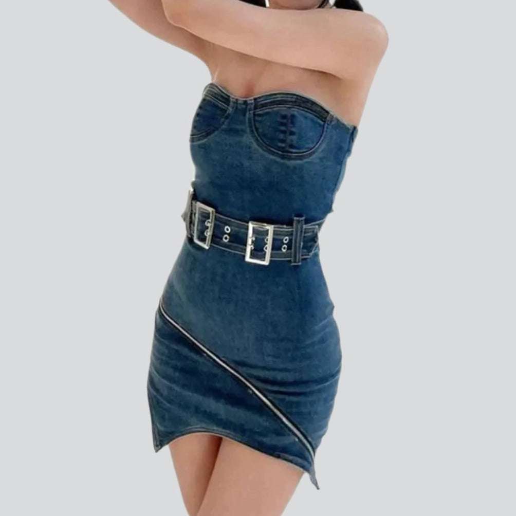 Asymmetric mini strapless denim dress