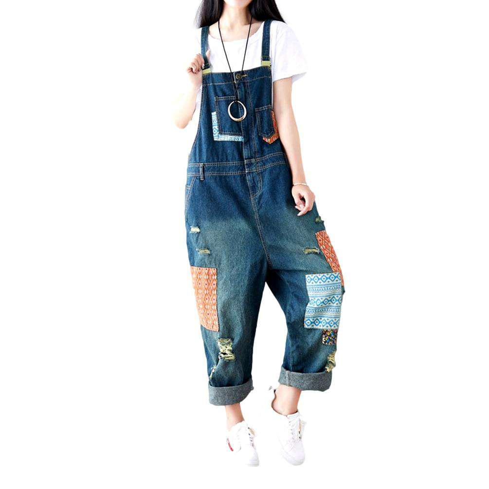 Color rectangle patchwork denim jumpsuit