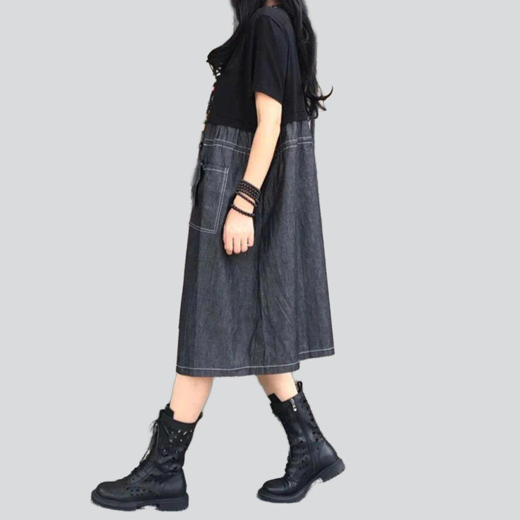 Mixed fabric dark denim dress