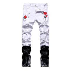 Rose embroidery ripped men jeans