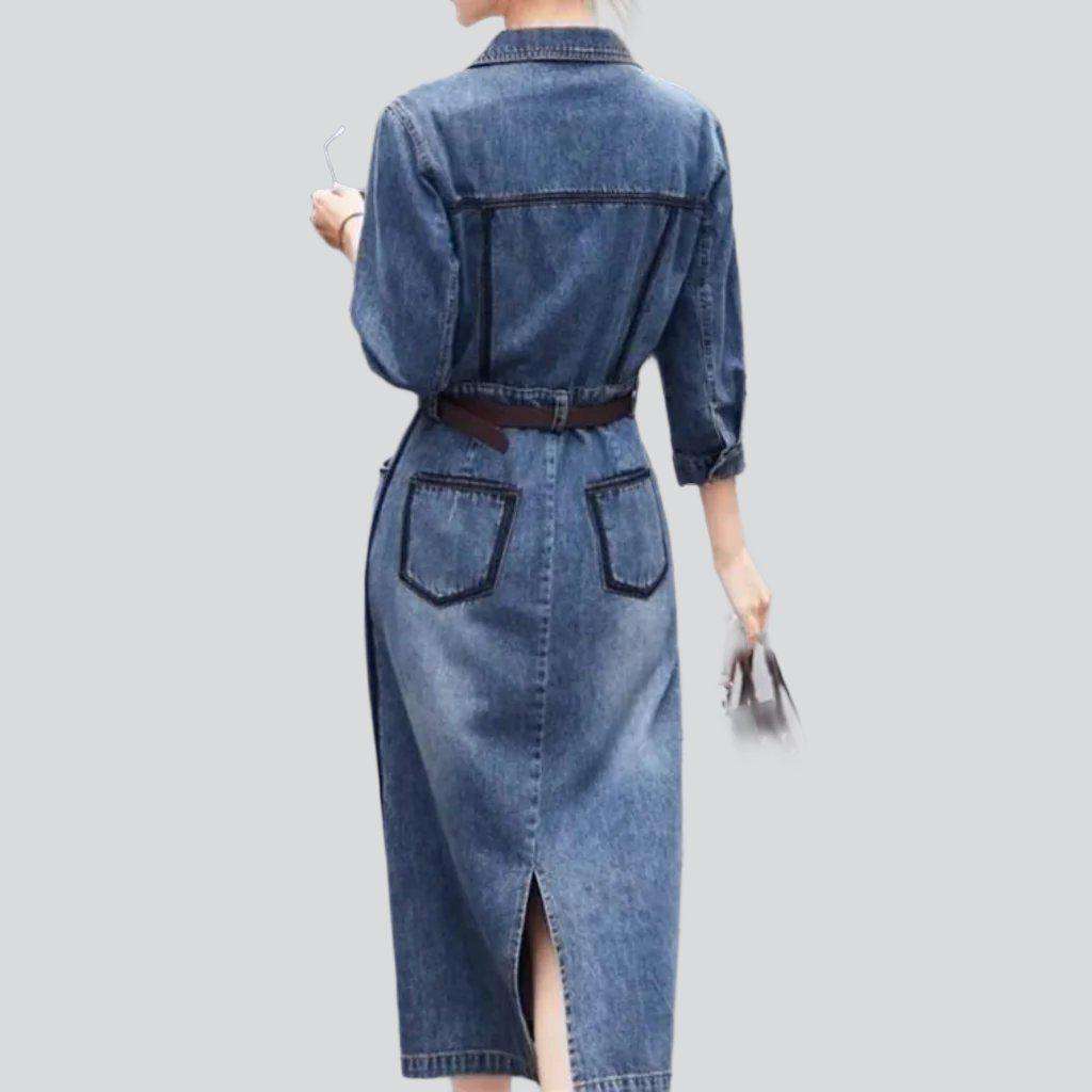 Embroidered pocket long denim dress