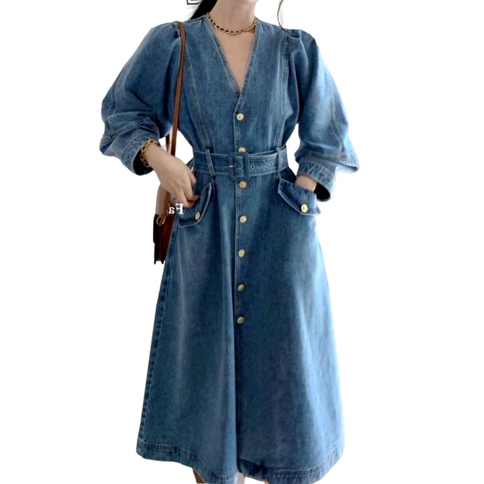 V-neck fashion long denim dress