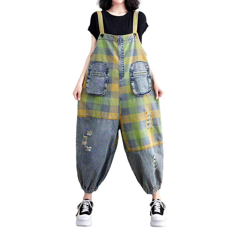 Green checkered women denim dungaree