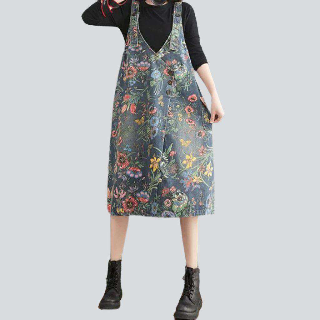 Full floral print denim dress