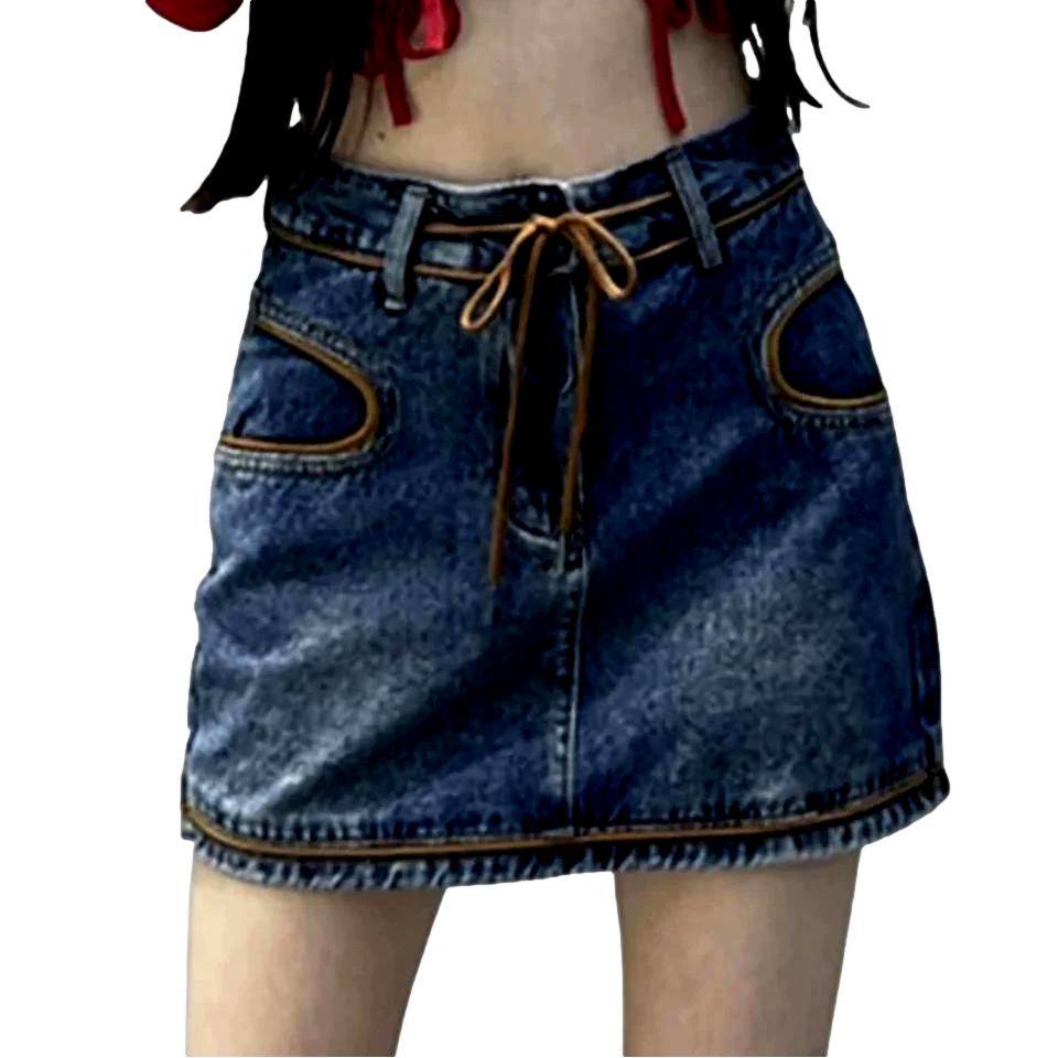 Oval pocket mini denim skirt