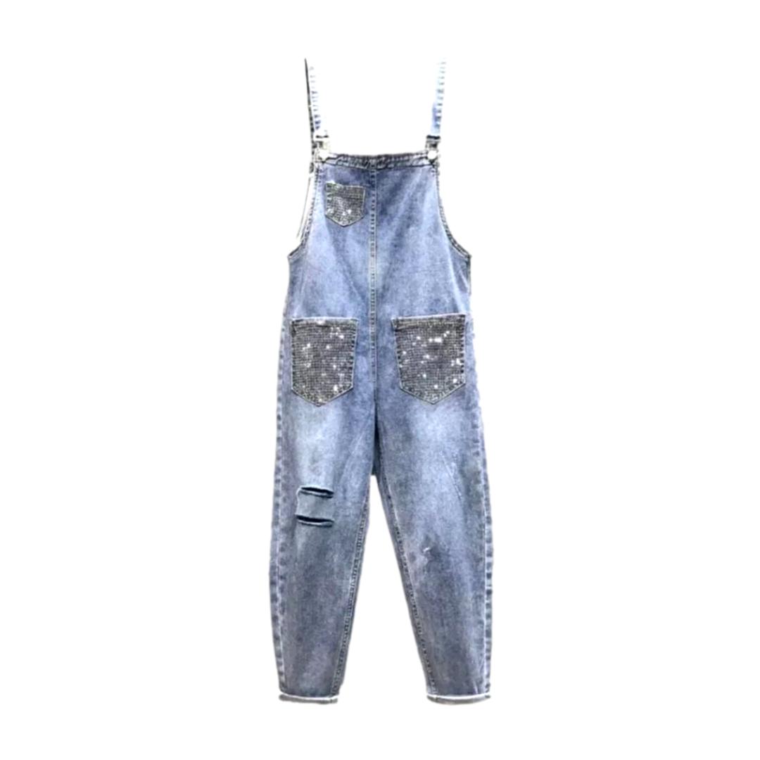 Zerrissener, verzierter Jeans-Jumpsuit für Damen