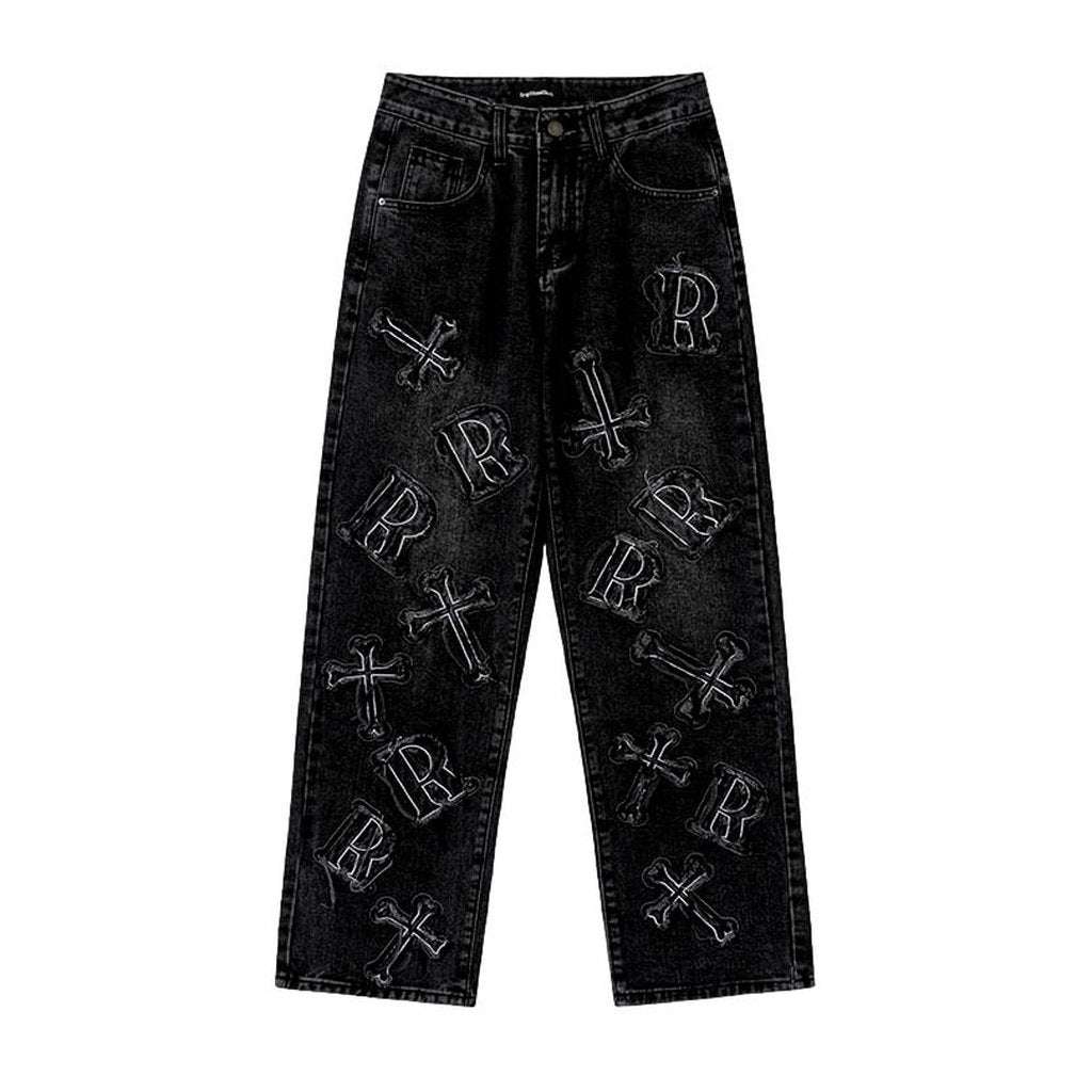 Letter embroidery baggy men jeans