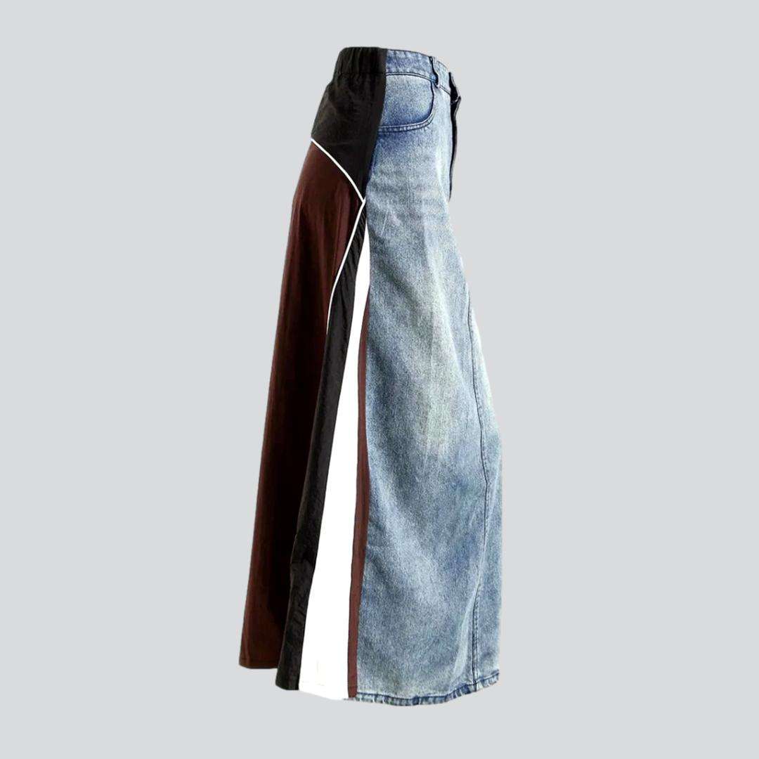 Mixed fabric long denim skirt