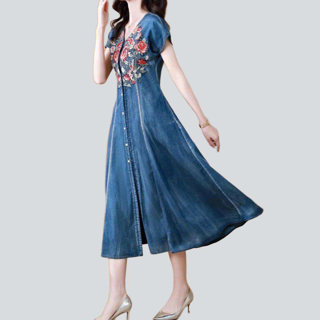 Chest embroidery denim dress