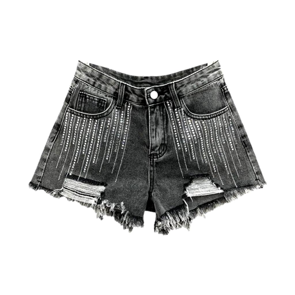 Distressed vertical rhinestone denim shorts