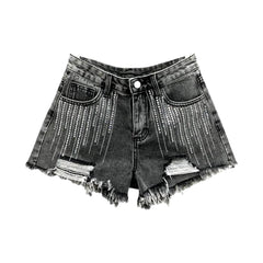 Distressed vertical rhinestone denim shorts