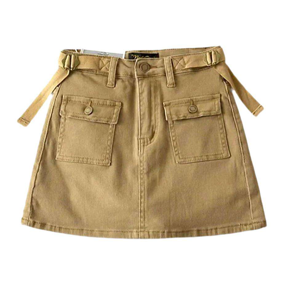 Adjustable waistband mini denim skort