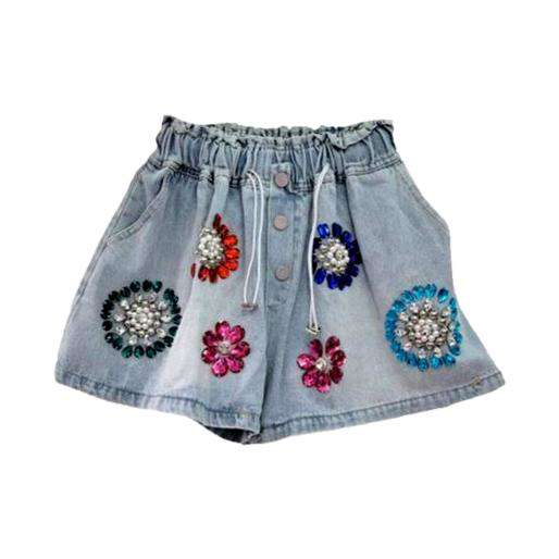 Baggy flower-embellished denim shorts