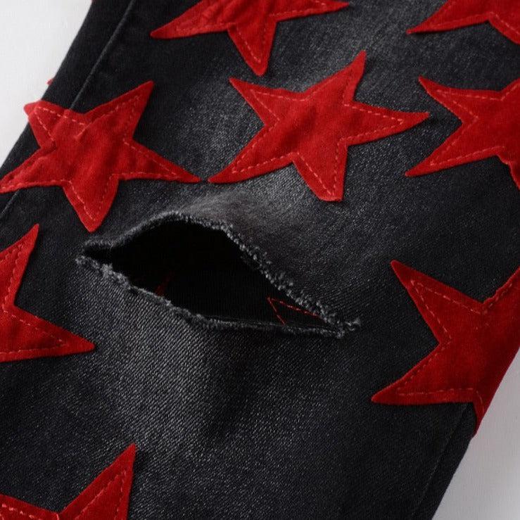 Red stars embroidery men jeans