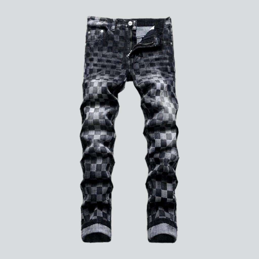 Checkered print stretchy men jeans