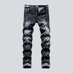 Checkered print stretchy men jeans