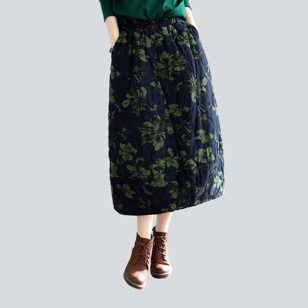 Flower-painted maxi jean skirt