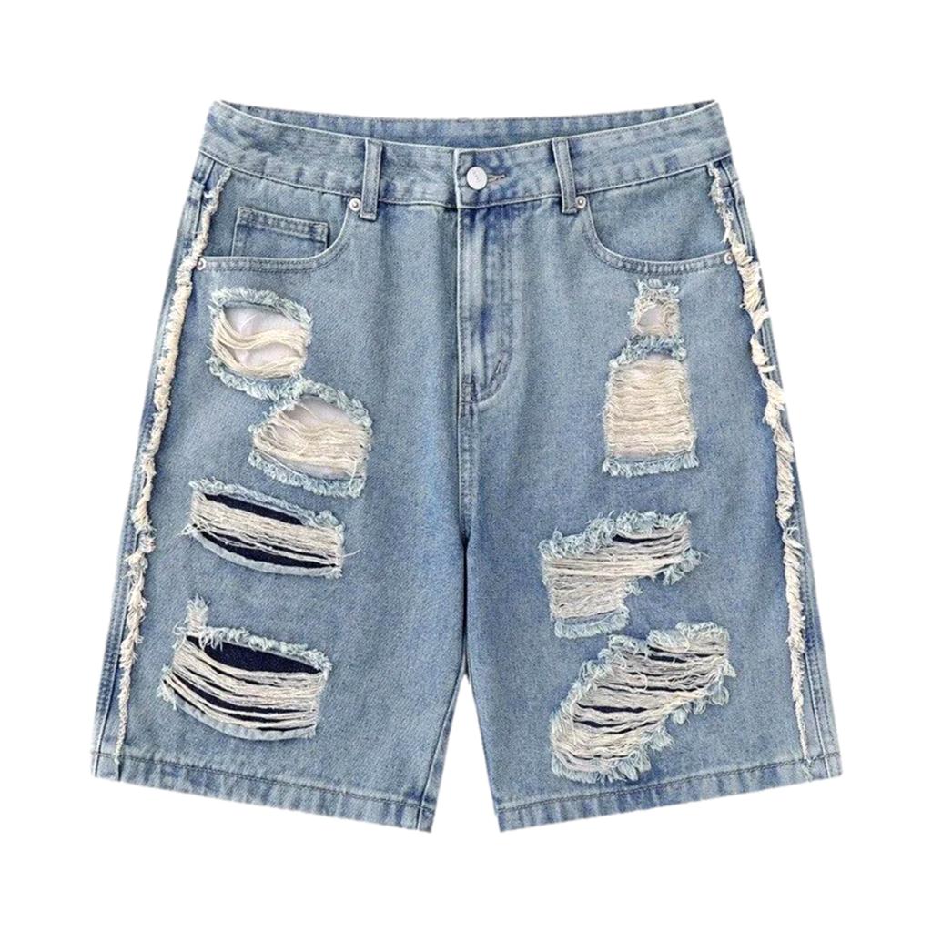 Streetwear straight distressed denim shorts