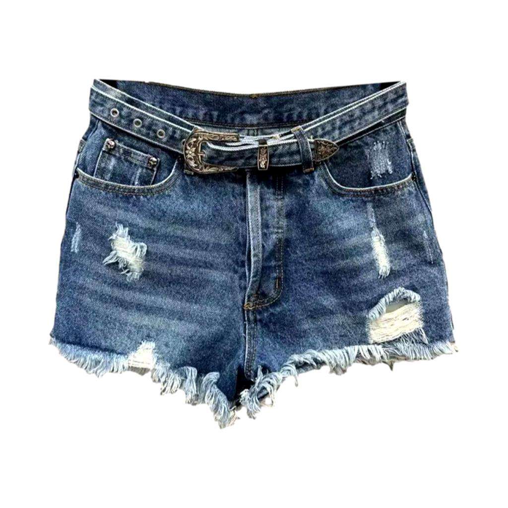 Distressed denim shorts with belt