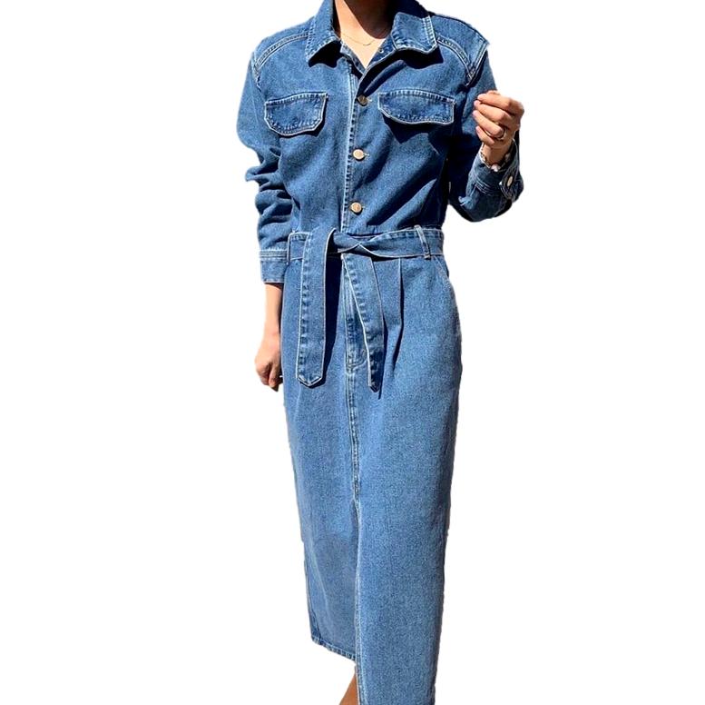 Pleated waistline long denim dress