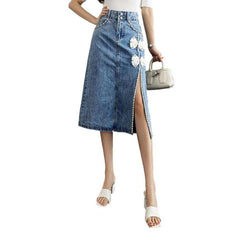 Embellished slit denim skirt