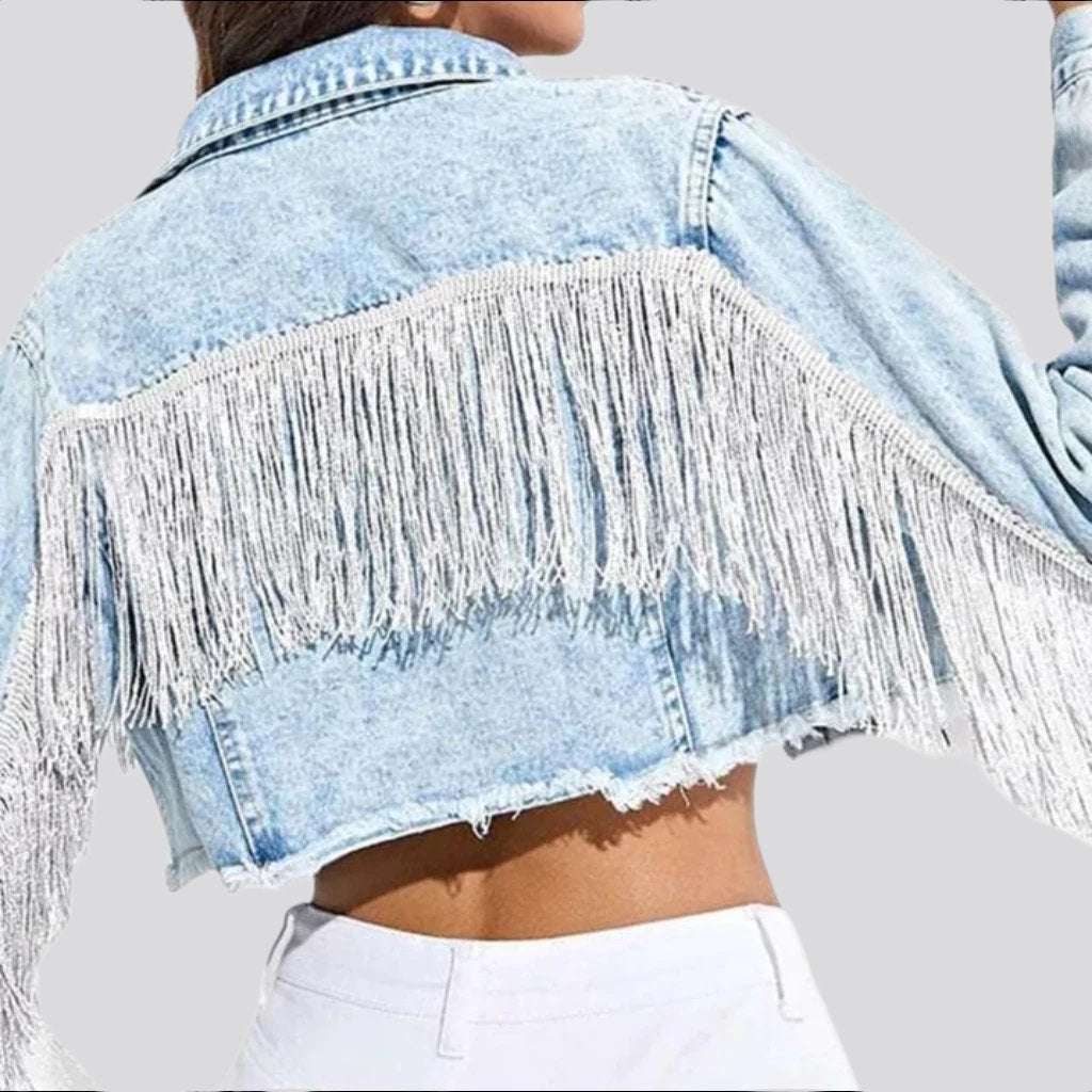 Fringe cropped women denim jacket