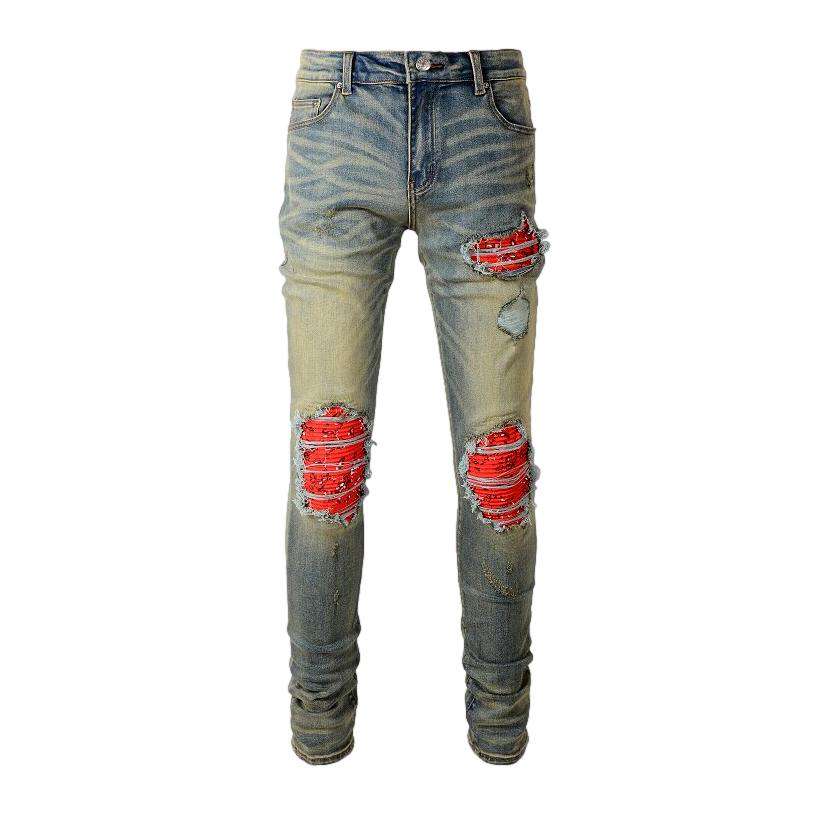 Cracked patch skinny men jeans