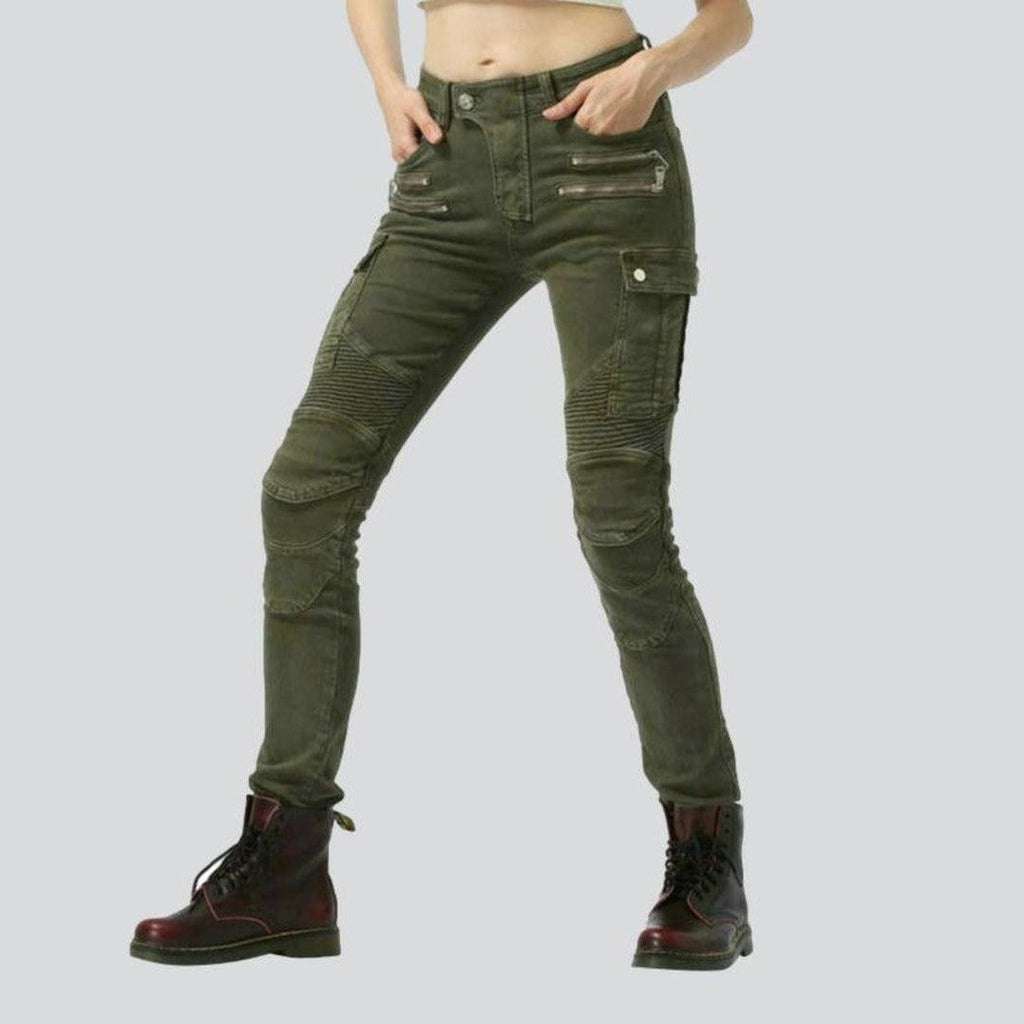 Khaki biker jeans for ladies