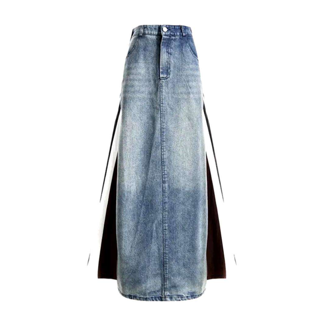 Mixed fabric long denim skirt