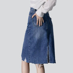 Distressed hem midi jean skirt