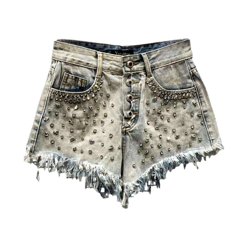 Distressed-Jeansshorts mit Diamant-Strass