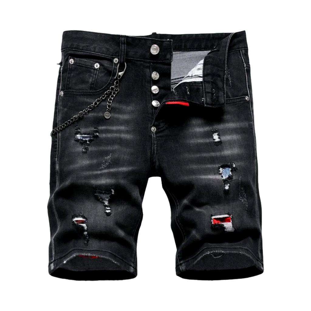 Schwarze zerrissene Jeansshorts mit Schnurrbartmuster