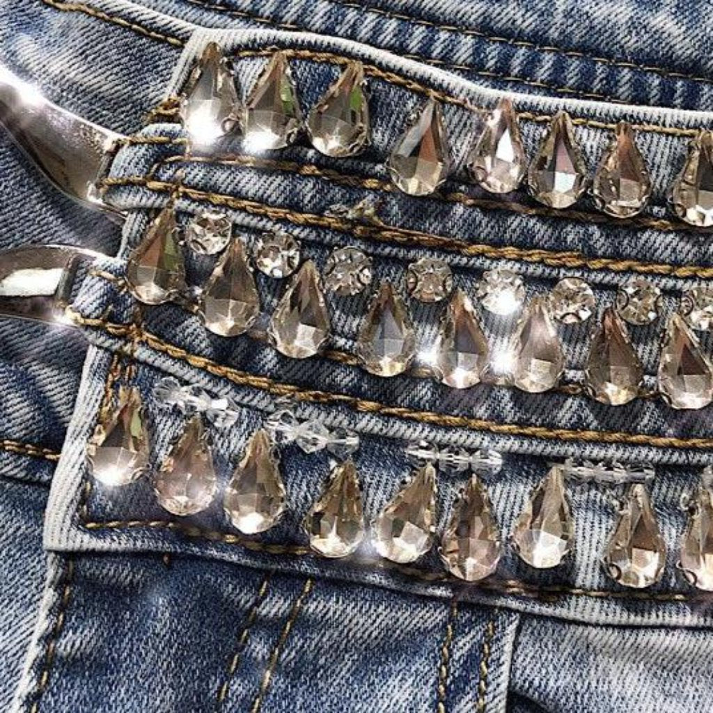 Pantalones cortos vaqueros para mujer con cintura de diamantes de imitación