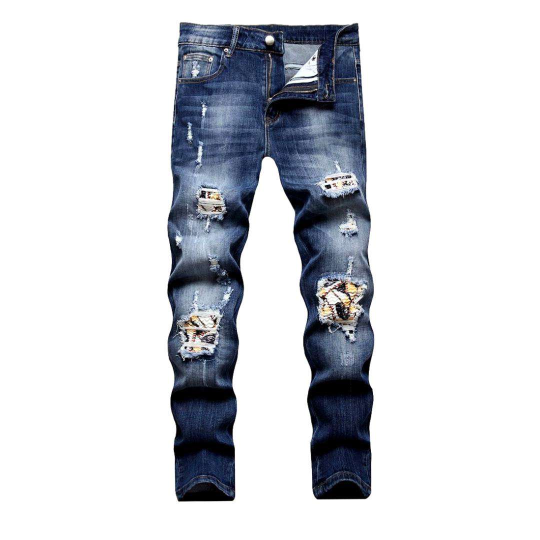 Color print patchwork biker jeans