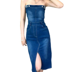 Slit strapless denim dress