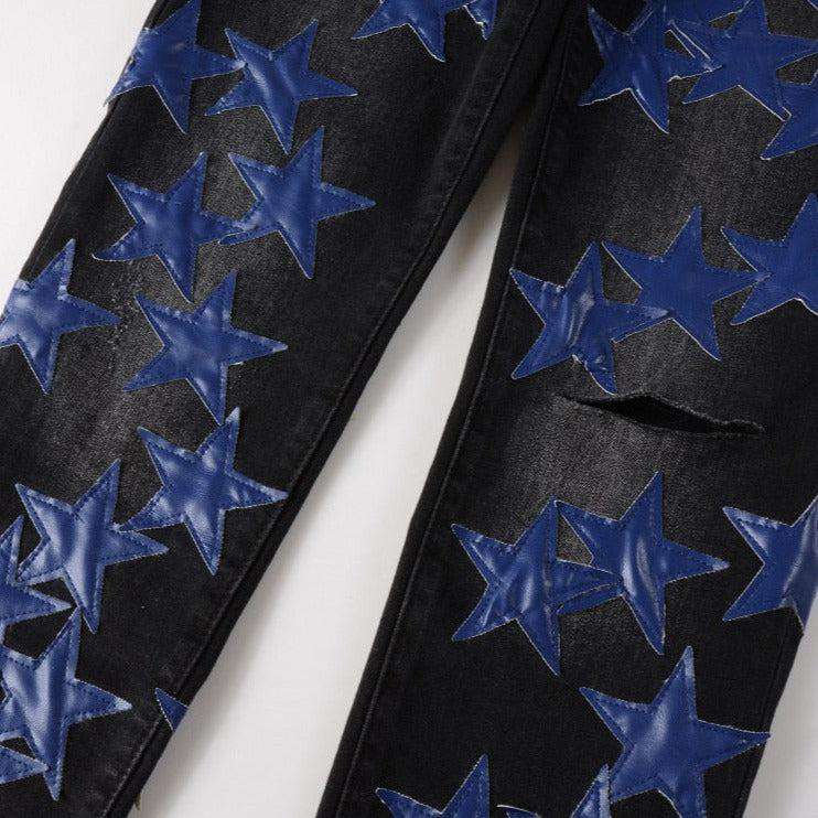 Blue star embroidery black jeans