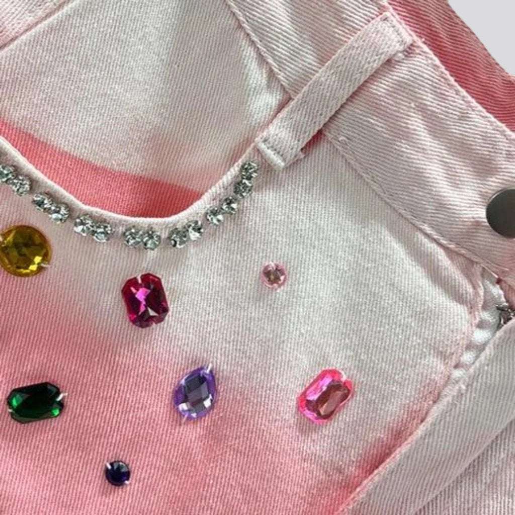 Color rhinestone contrast denim shorts