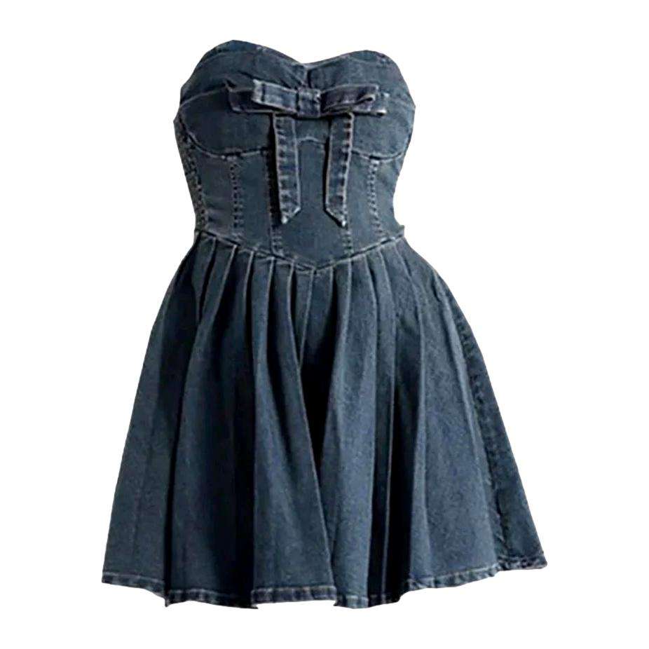 Vestido vaquero mini acampanado sin tirantes