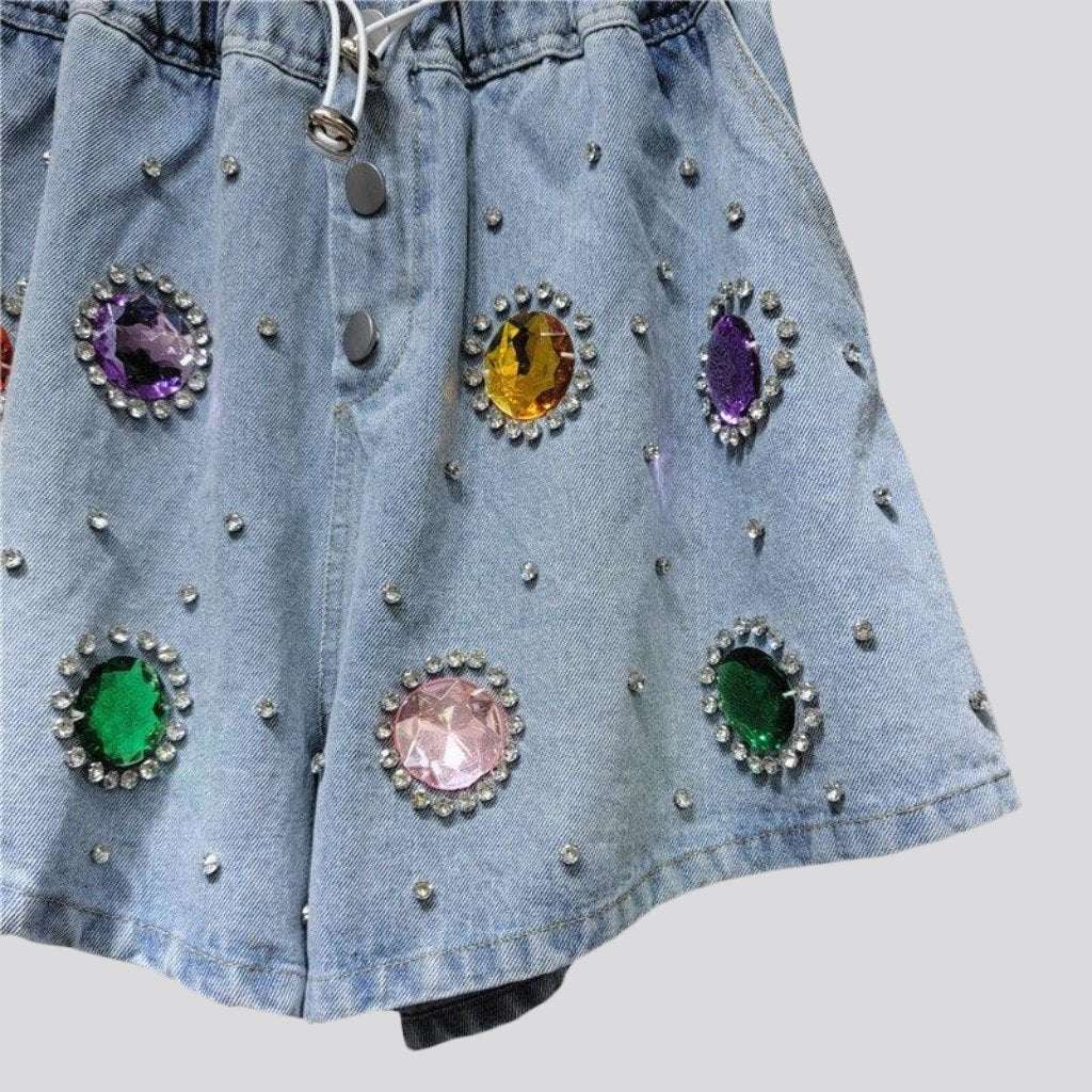 Loose embellished rhinestone denim shorts