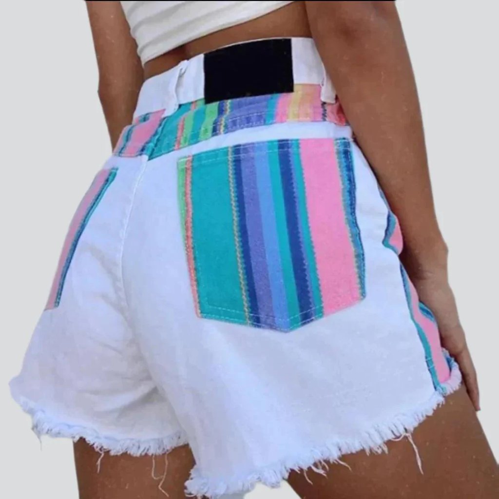 Neon-striped distressed denim shorts