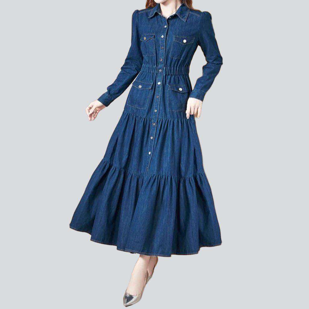 Frills denim dress with pockets