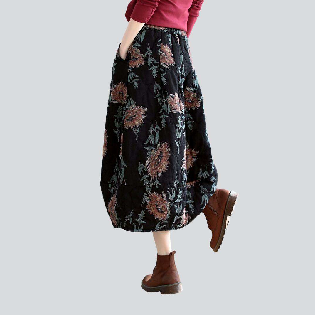 Flower-painted maxi jean skirt