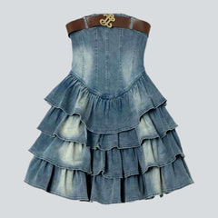 Flare frills strapless denim dress