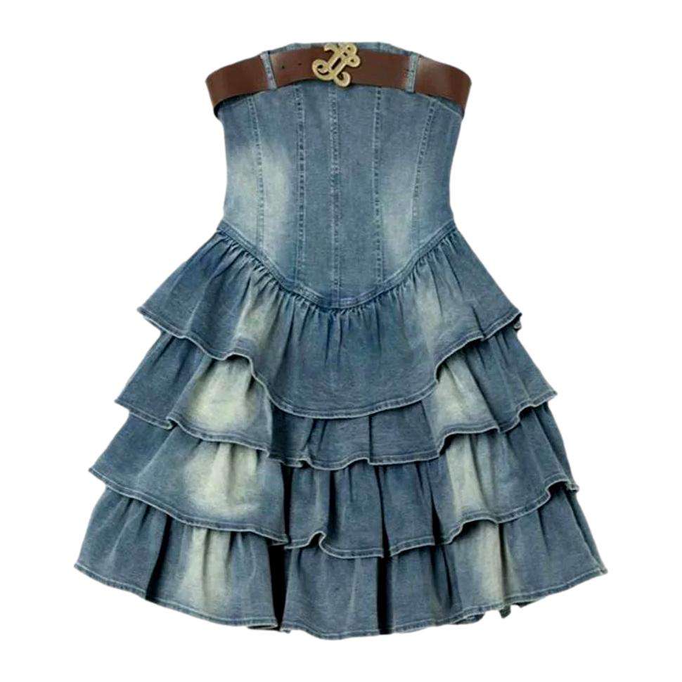 Flare frills strapless denim dress