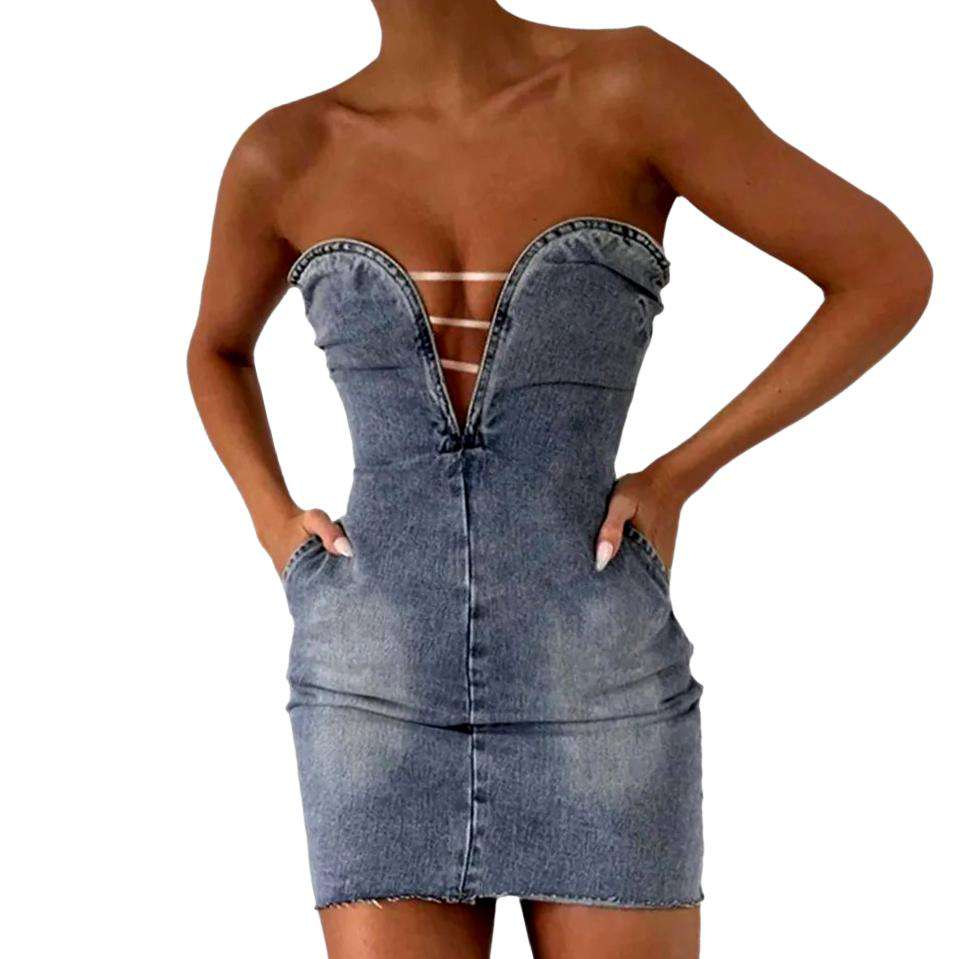 Mini party strapless denim dress