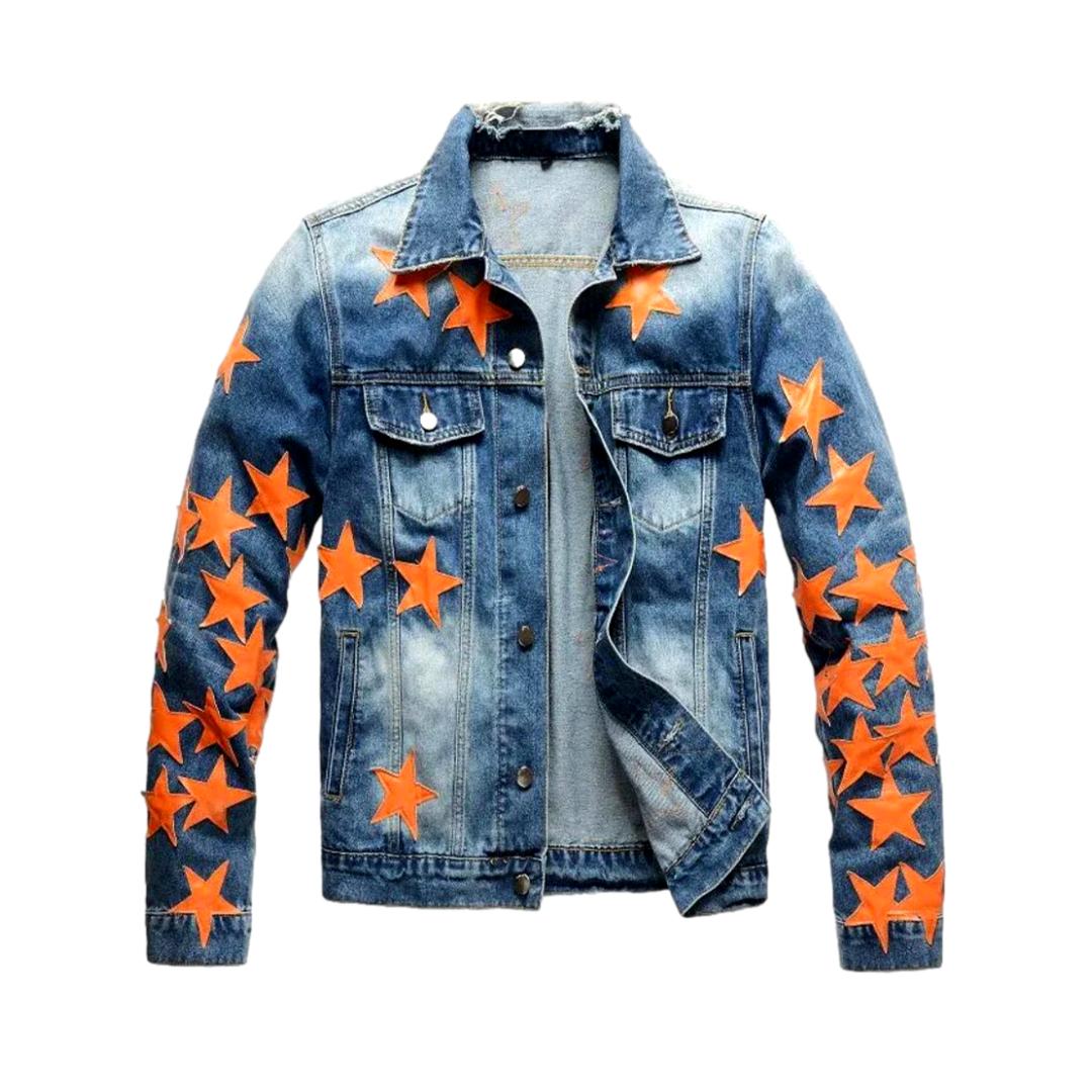 Vintage Jeansjacke mit orangenen Sternen