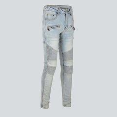 Bleached wash men biker jeans