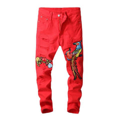 Embroidered ripped men red jeans