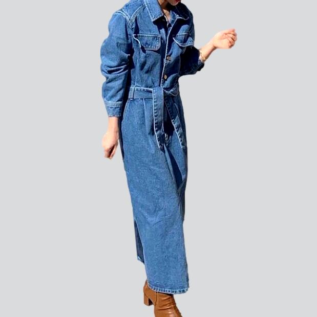 Pleated waistline long denim dress